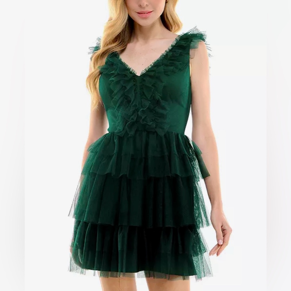 City Studio Green Junior Tiered Mesh Fit & Flare Dress Size 5